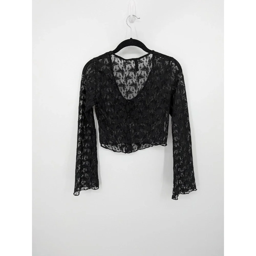 Whimsygoth Crop Top Womens Small Black Sheer Floral Lace Ruched Bell Sleeve‎